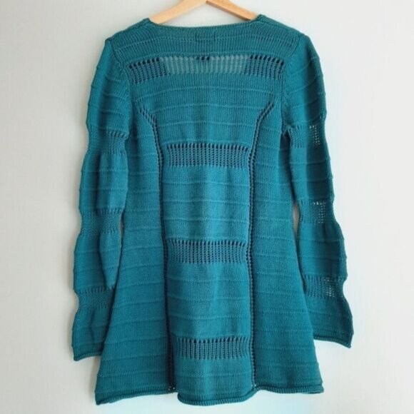 PURE HANDKNIT | Chunky Knit Cardigan Tunic Sweater Teal Sz S/M - Picture 10 of 13